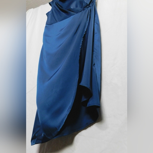 NWT One Shoulder Ruched Midi Dress Belted Party Dress Size Large Dark Blue Color - Picture 3 of 10